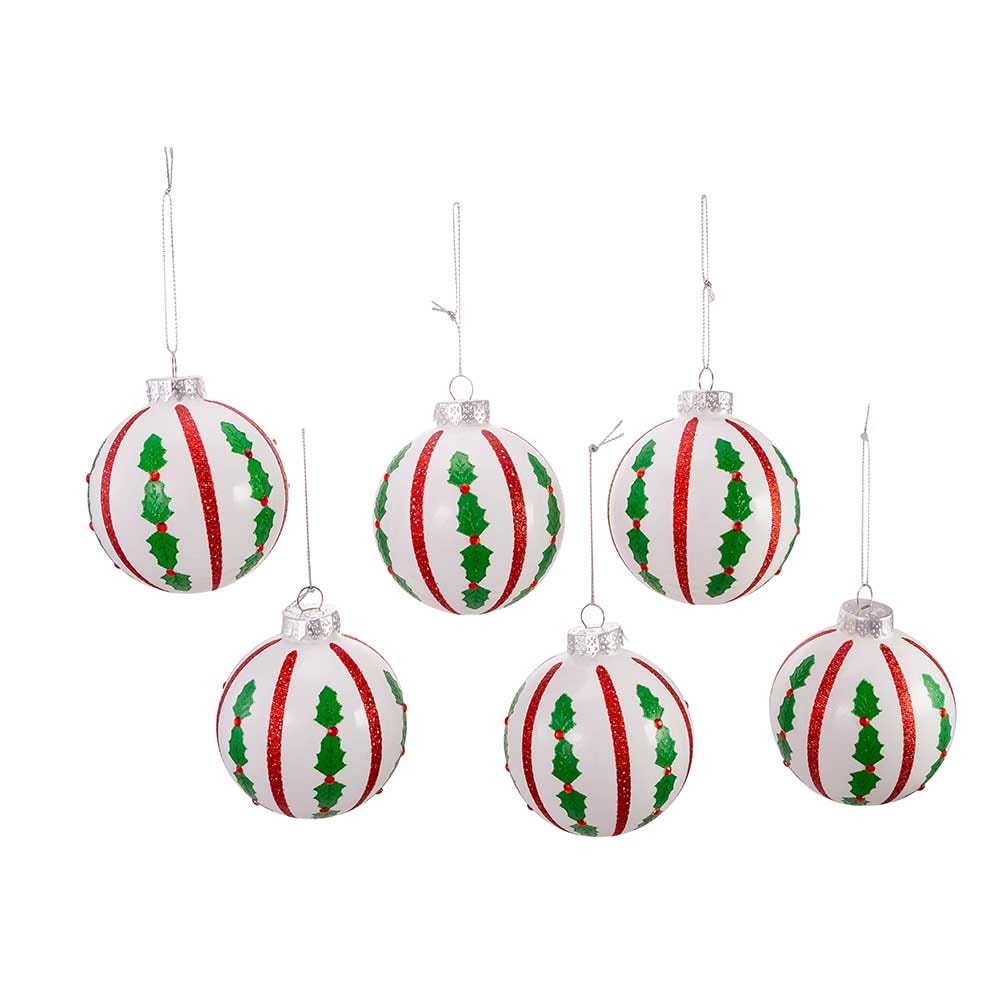 Kurt Adler 80MM Red and White Holly Leaf Glass Ball Ornaments, 6-Piece Set